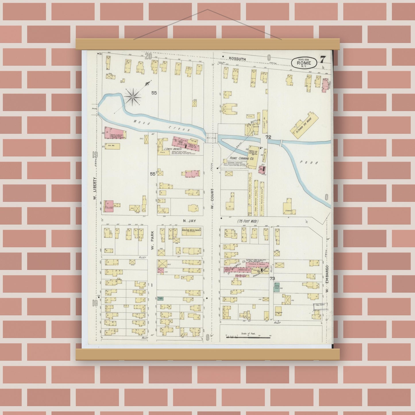 Old map wall art mockup — magnetic wood frame on brick wall — Sanborn Fire Insurance Map from Rome, Oneida County, New York (1894), Sheet #0007