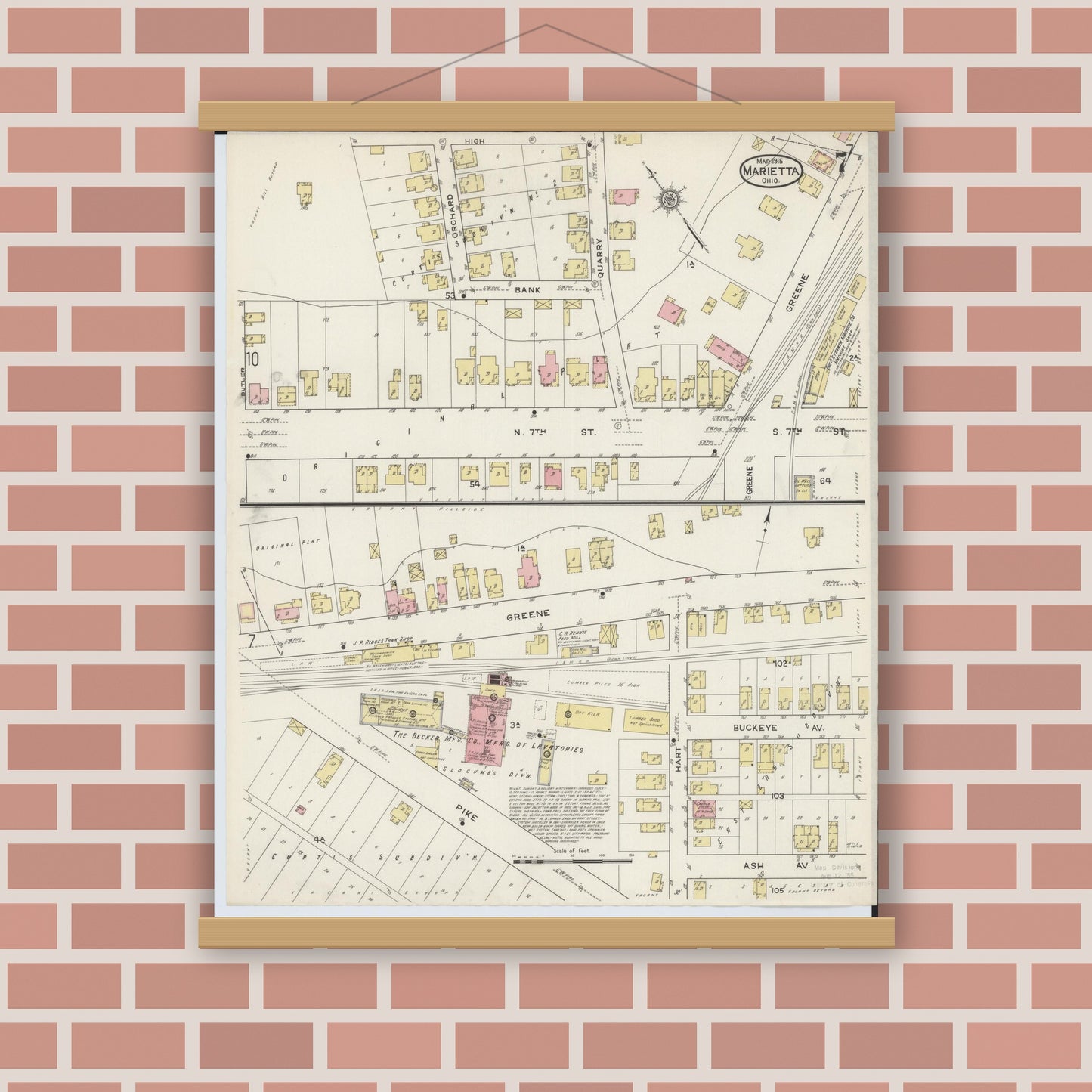 Old map wall art mockup — magnetic wood frame on brick wall — Sanborn Fire Insurance Map from Marietta, Washington County, Ohio (1915), Sheet #0007