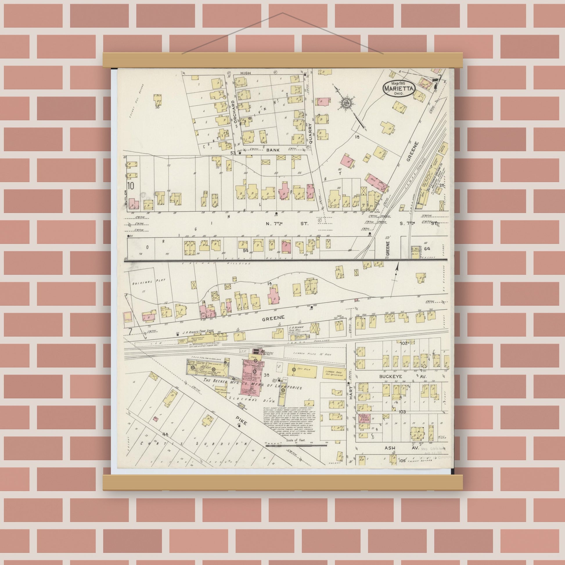 Old map wall art mockup — magnetic wood frame on brick wall — Sanborn Fire Insurance Map from Marietta, Washington County, Ohio (1915), Sheet #0007