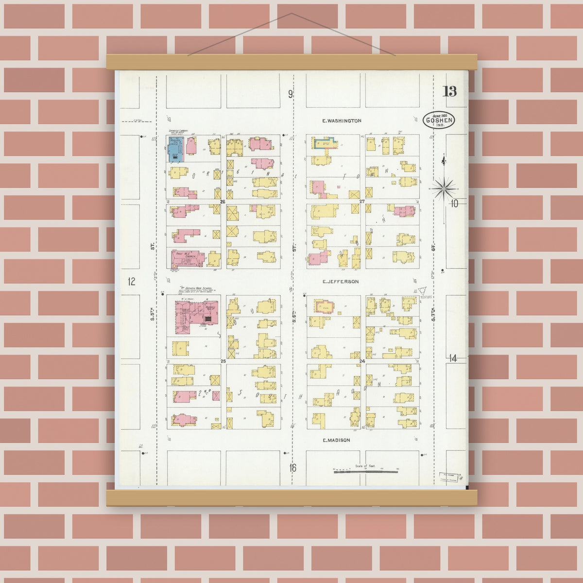 Old map wall art mockup — magnetic wood frame on brick wall — Sanborn Fire Insurance Map from Goshen, Elkhart County, Indiana (1905), Sheet #0013