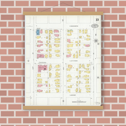 Old map wall art mockup — magnetic wood frame on brick wall — Sanborn Fire Insurance Map from Goshen, Elkhart County, Indiana (1905), Sheet #0013