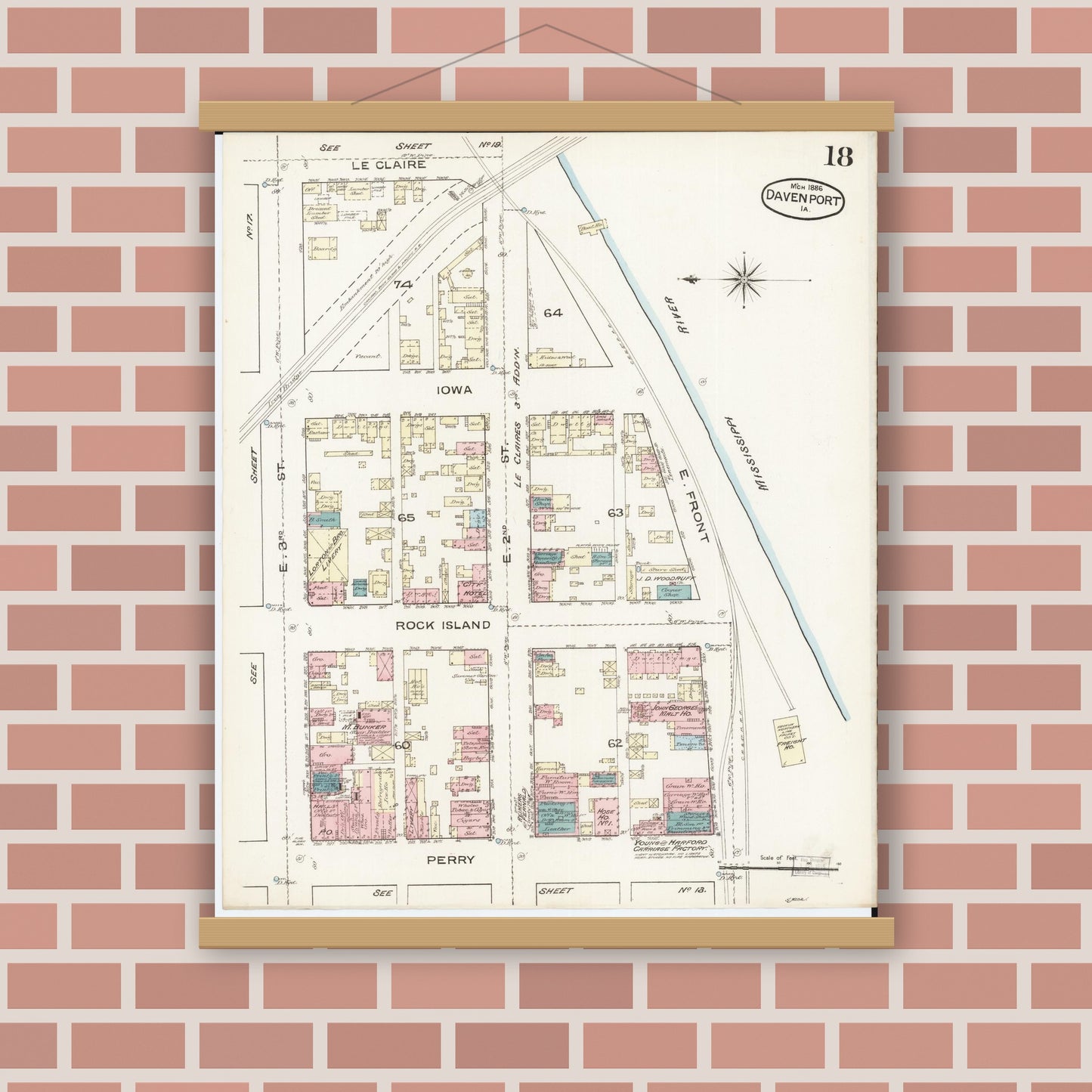Old map wall art mockup — magnetic wood frame on brick wall — Sanborn Fire Insurance Map from Davenport, Scott County, Iowa (1886), Sheet #0018