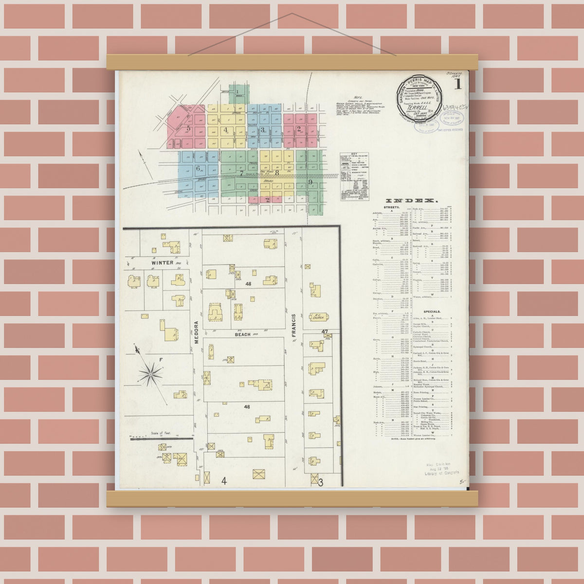 Old map wall art mockup — magnetic wood frame on brick wall — Sanborn Fire Insurance Map from Terrell, Kaufman County, Texas (1897), Sheet #0001