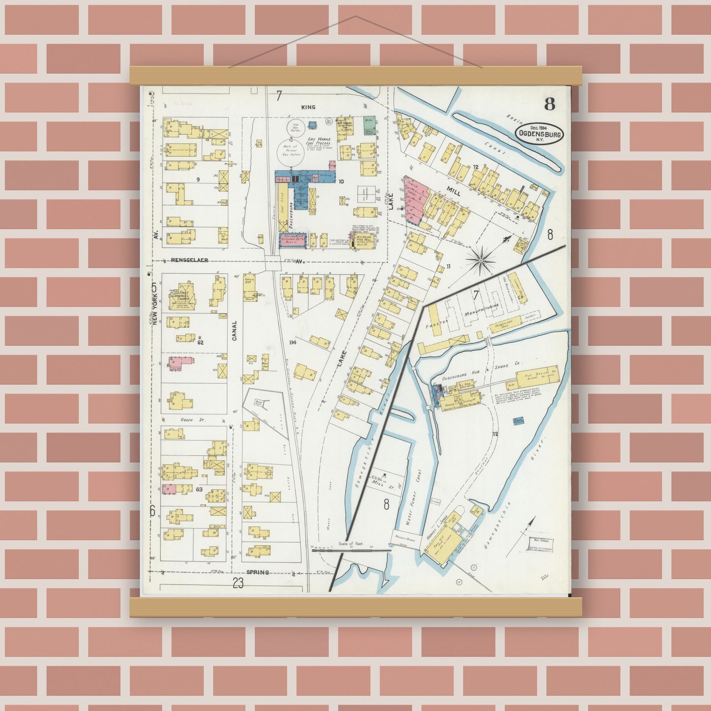 Old map wall art mockup — magnetic wood frame on brick wall — Sanborn Fire Insurance Map from Ogdensburg, St. Lawrence County, New York (1904), Sheet #0008