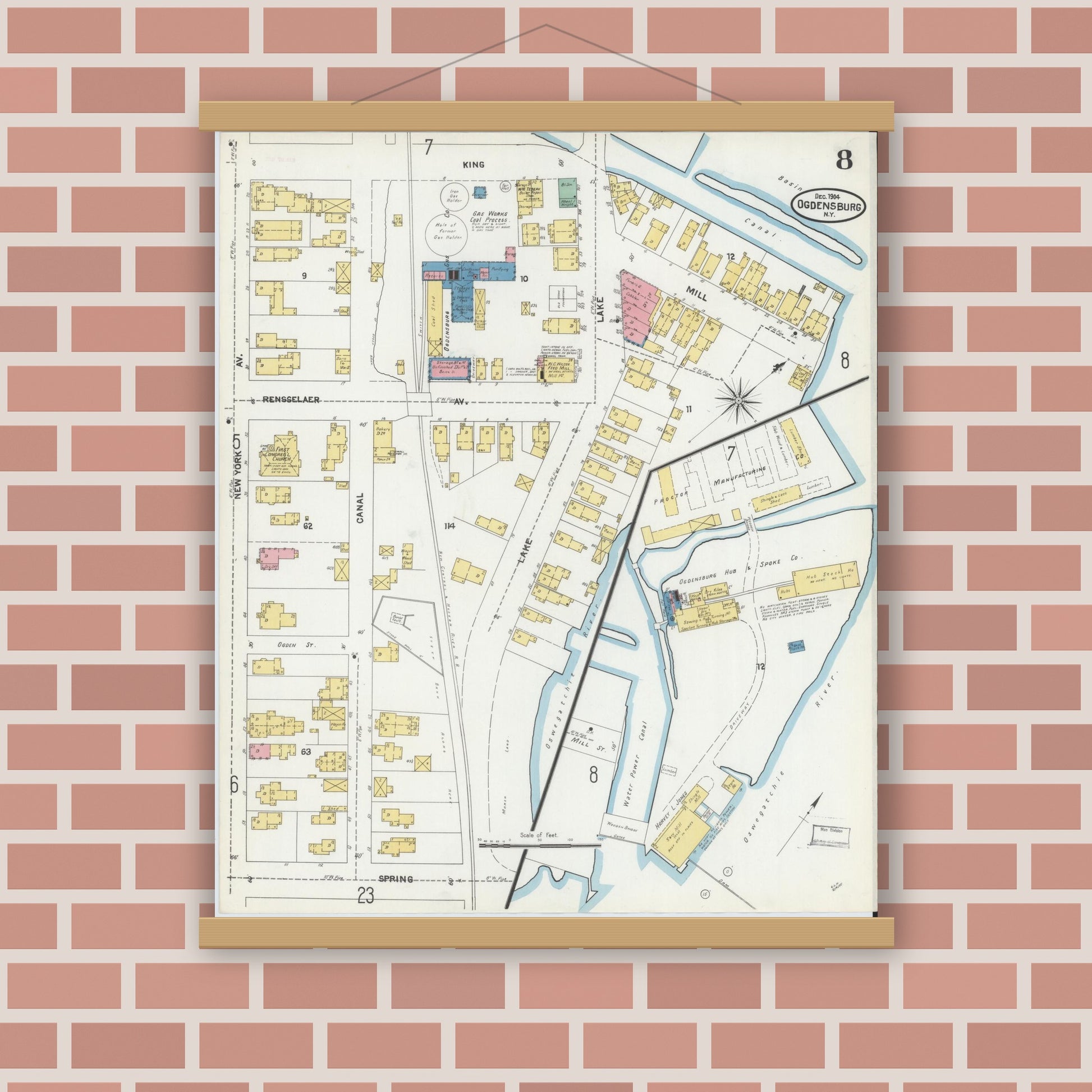 Old map wall art mockup — magnetic wood frame on brick wall — Sanborn Fire Insurance Map from Ogdensburg, St. Lawrence County, New York (1904), Sheet #0008