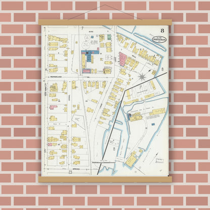 Old map wall art mockup — magnetic wood frame on brick wall — Sanborn Fire Insurance Map from Ogdensburg, St. Lawrence County, New York (1904), Sheet #0008
