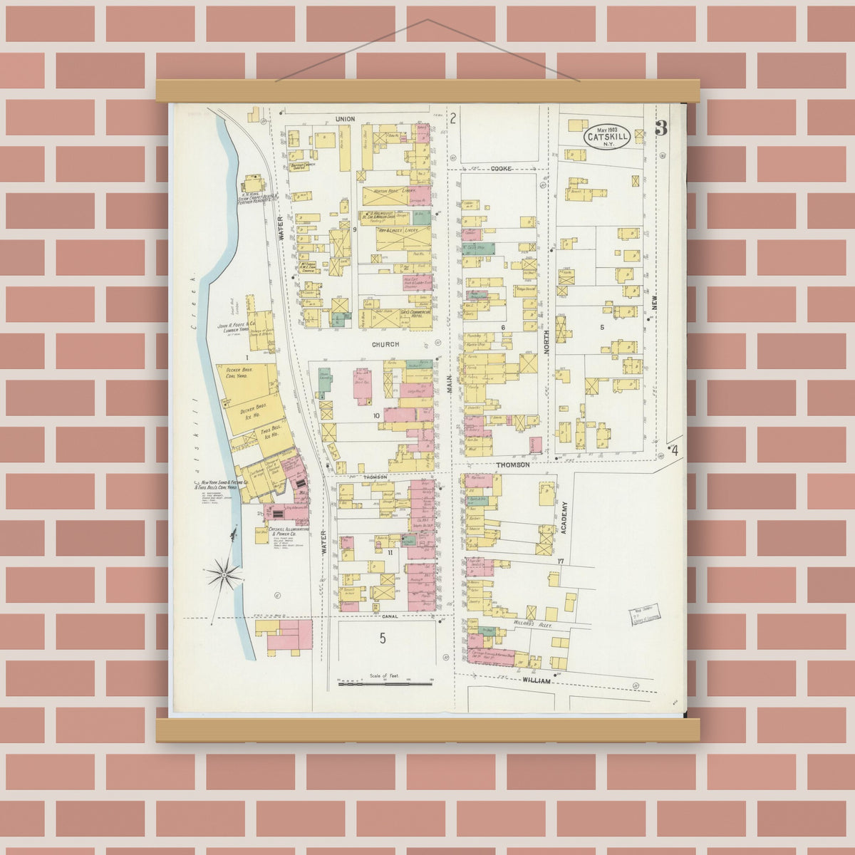 Old map wall art mockup — magnetic wood frame on brick wall — Sanborn Fire Insurance Map from Catskill, Greene County, New York (1903), Sheet #0003