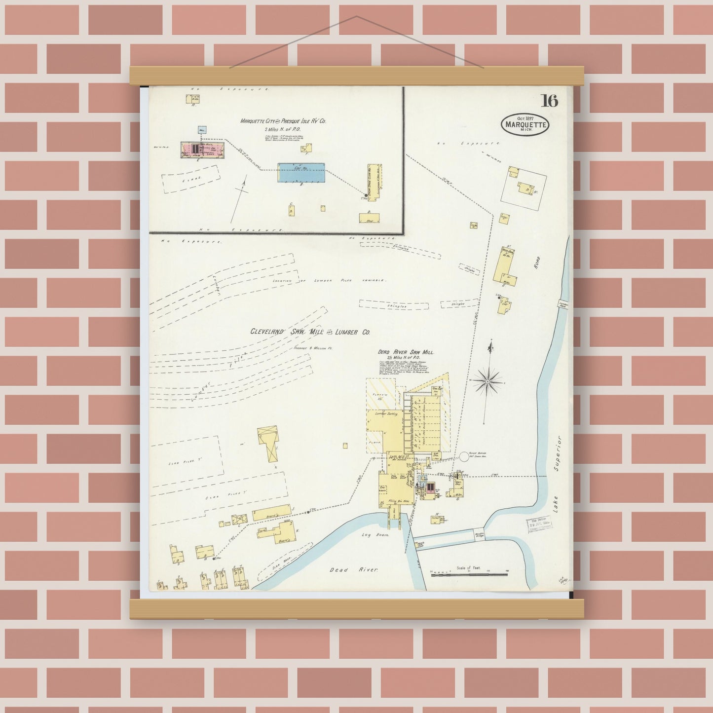 Old map wall art mockup — magnetic wood frame on brick wall — Sanborn Fire Insurance Map from Marquette, Marquette County, Michigan (1897), Sheet #0016