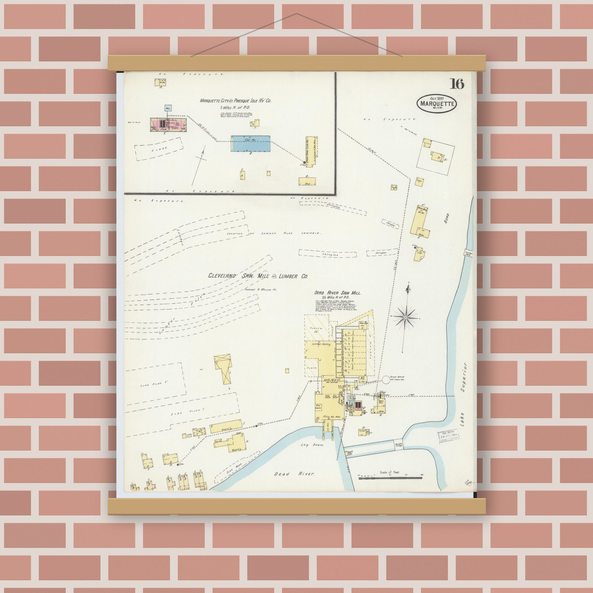 Old map wall art mockup — magnetic wood frame on brick wall — Sanborn Fire Insurance Map from Marquette, Marquette County, Michigan (1897), Sheet #0016