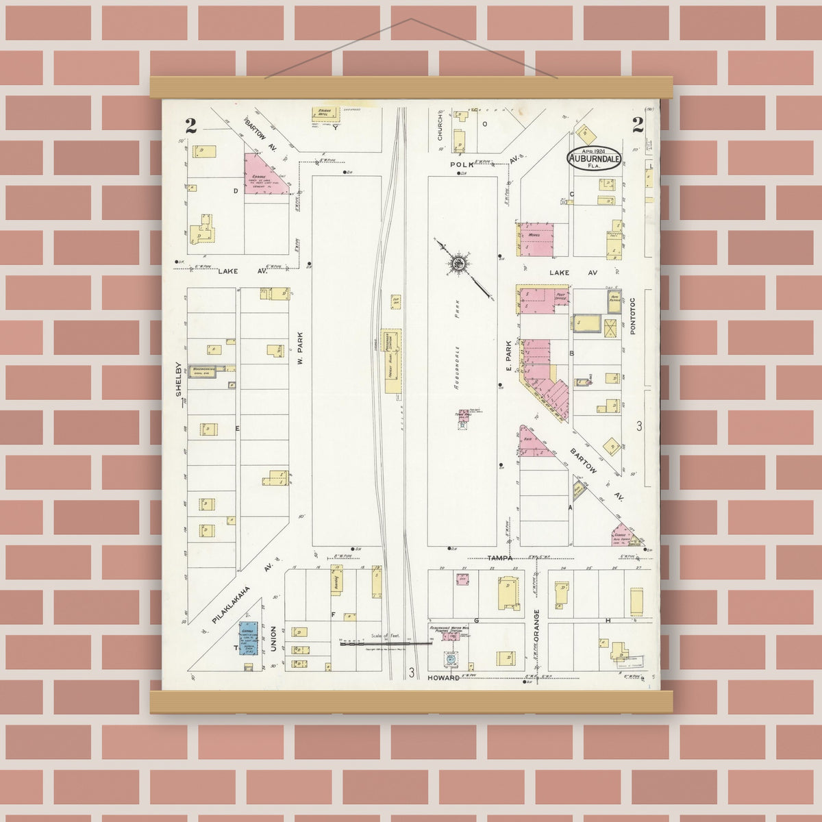 Old map wall art mockup — magnetic wood frame on brick wall — Sanborn Fire Insurance Map from Auburndale, Polk County, Florida (1924) - Complete Map Set