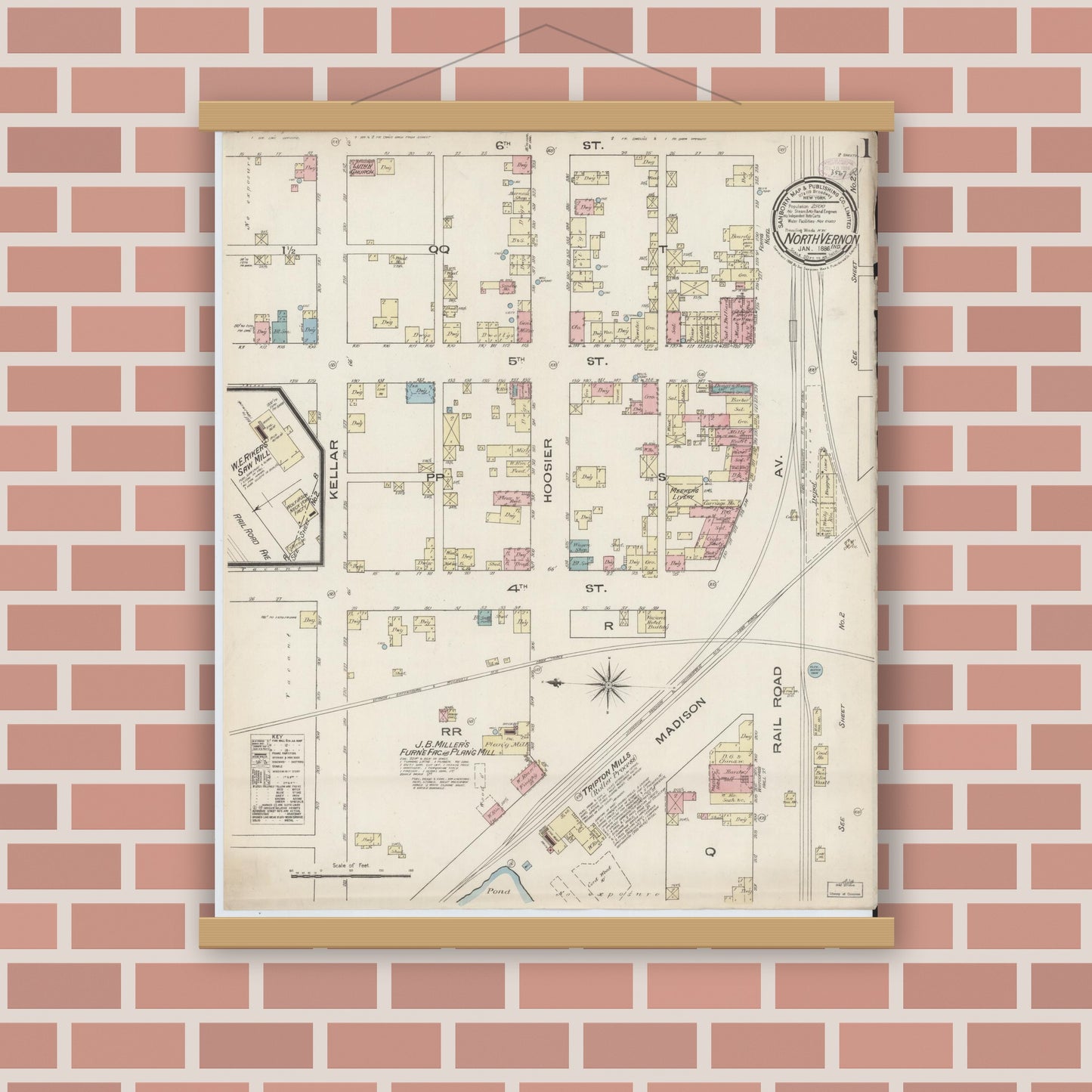 Old map wall art mockup — magnetic wood frame on brick wall — Sanborn Fire Insurance Map from North Vernon, Jennings County, Indiana (1886) - Complete Map Set