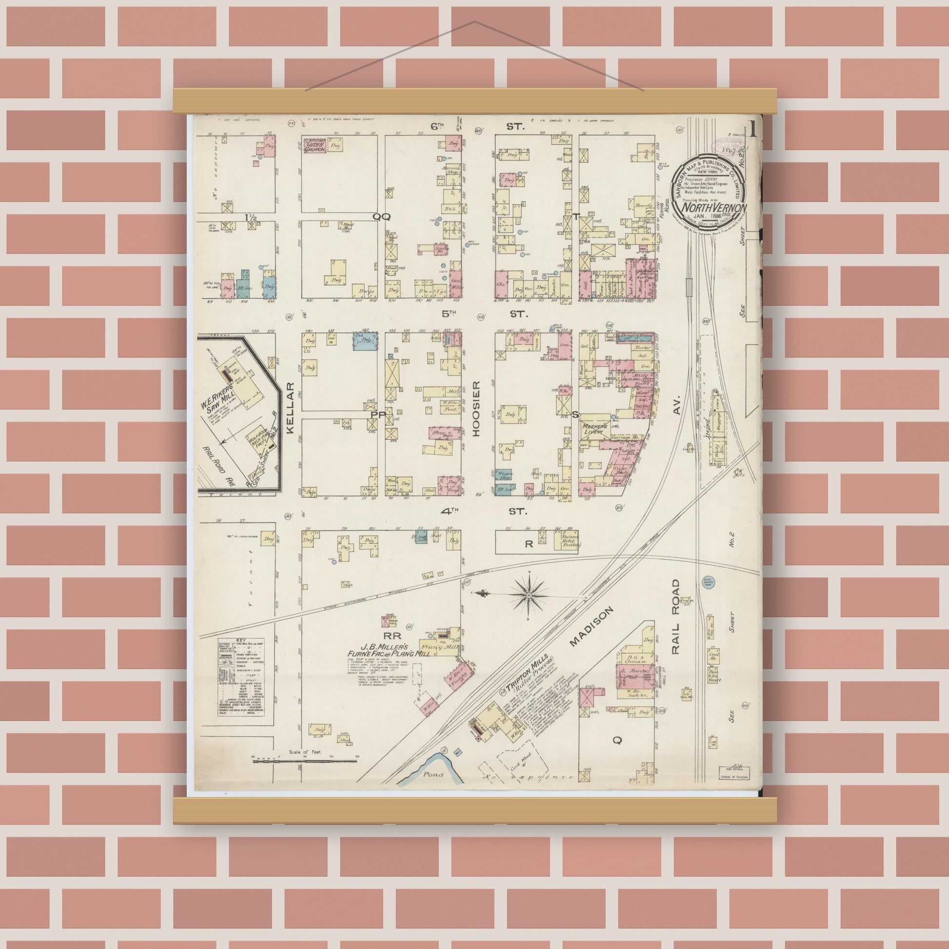 Old map wall art mockup — magnetic wood frame on brick wall — Sanborn Fire Insurance Map from North Vernon, Jennings County, Indiana (1886) - Complete Map Set
