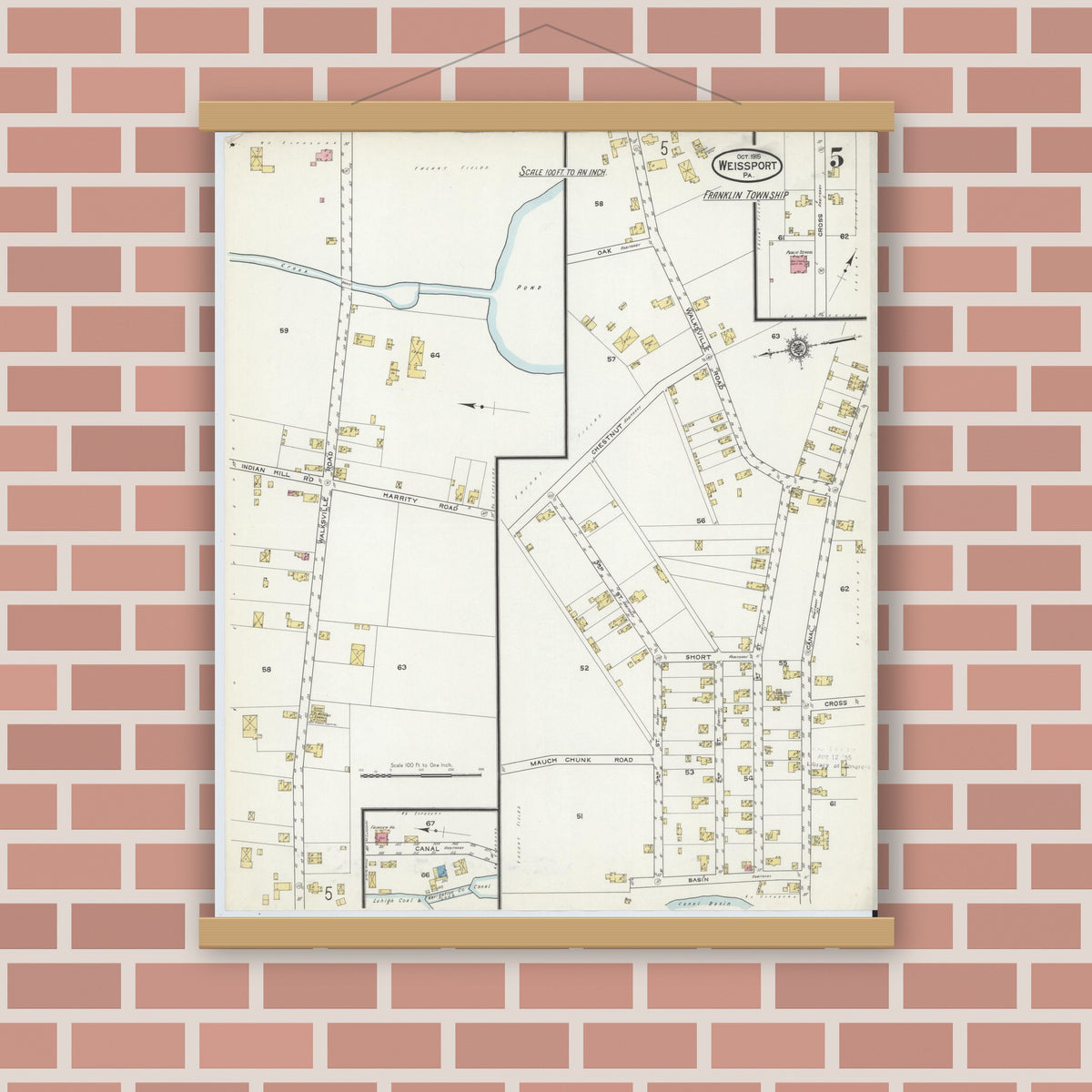 Old map wall art mockup — magnetic wood frame on brick wall — Sanborn Fire Insurance Map from Weissport, Carbon County, Pennsylvania (1915), Sheet #0005