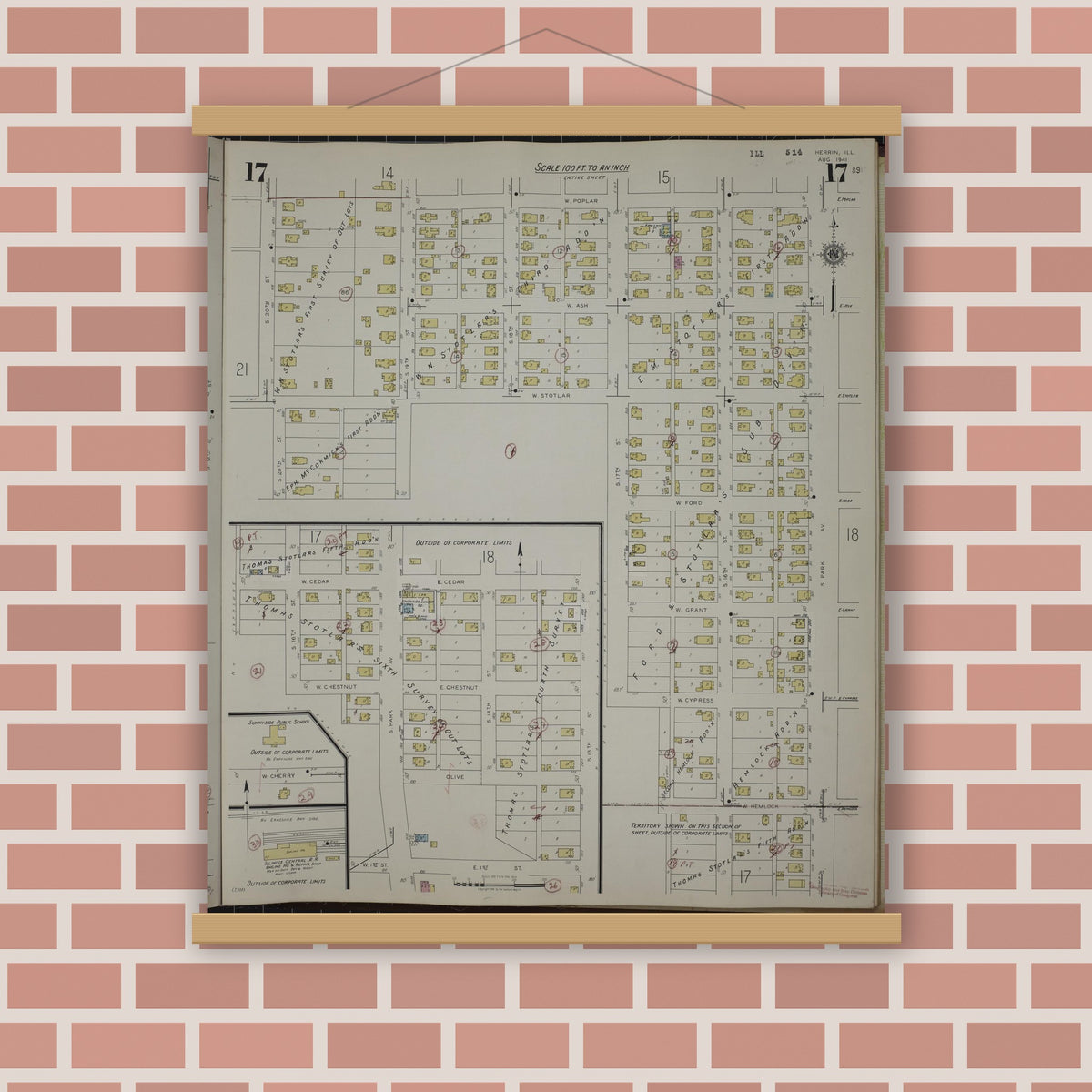 Old map wall art mockup — magnetic wood frame on brick wall — Sanborn Fire Insurance Map from Herrin, Williamson County, Illinois (1947), Sheet #0017