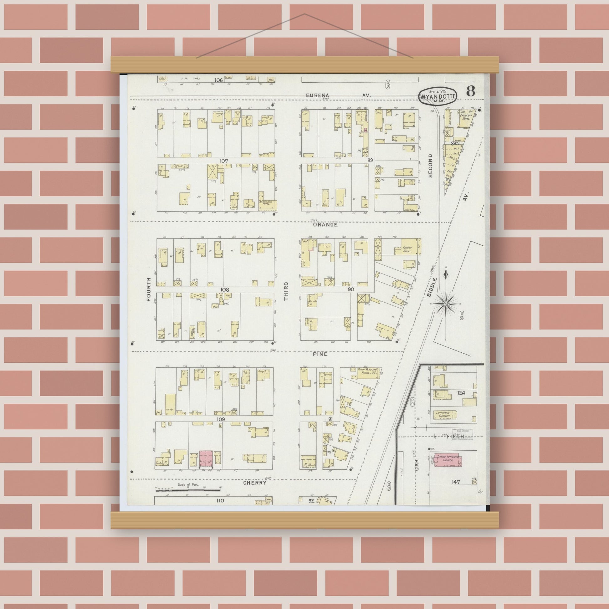 Old map wall art mockup — magnetic wood frame on brick wall — Sanborn Fire Insurance Map from Wyandotte, Wayne County, Michigan (1895), Sheet #0008