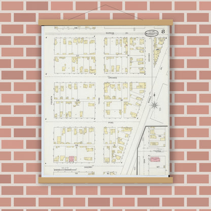 Old map wall art mockup — magnetic wood frame on brick wall — Sanborn Fire Insurance Map from Wyandotte, Wayne County, Michigan (1895), Sheet #0008
