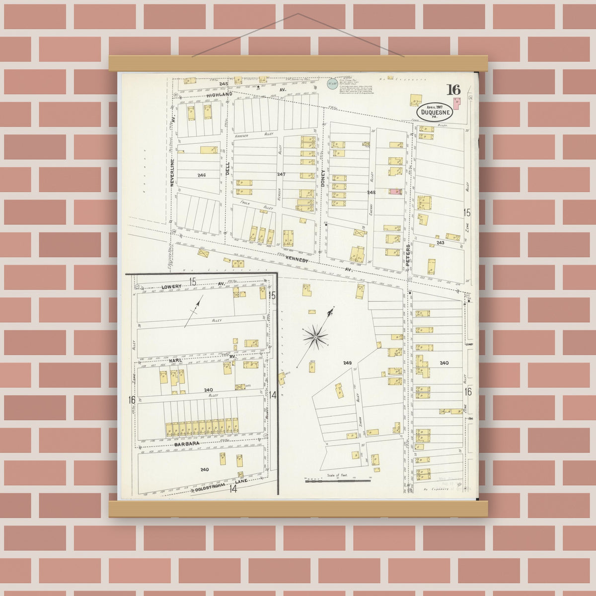 Old map wall art mockup — magnetic wood frame on brick wall — Sanborn Fire Insurance Map from Duquesne, Allegheny County, Pennsylvania (1907), Sheet #0016
