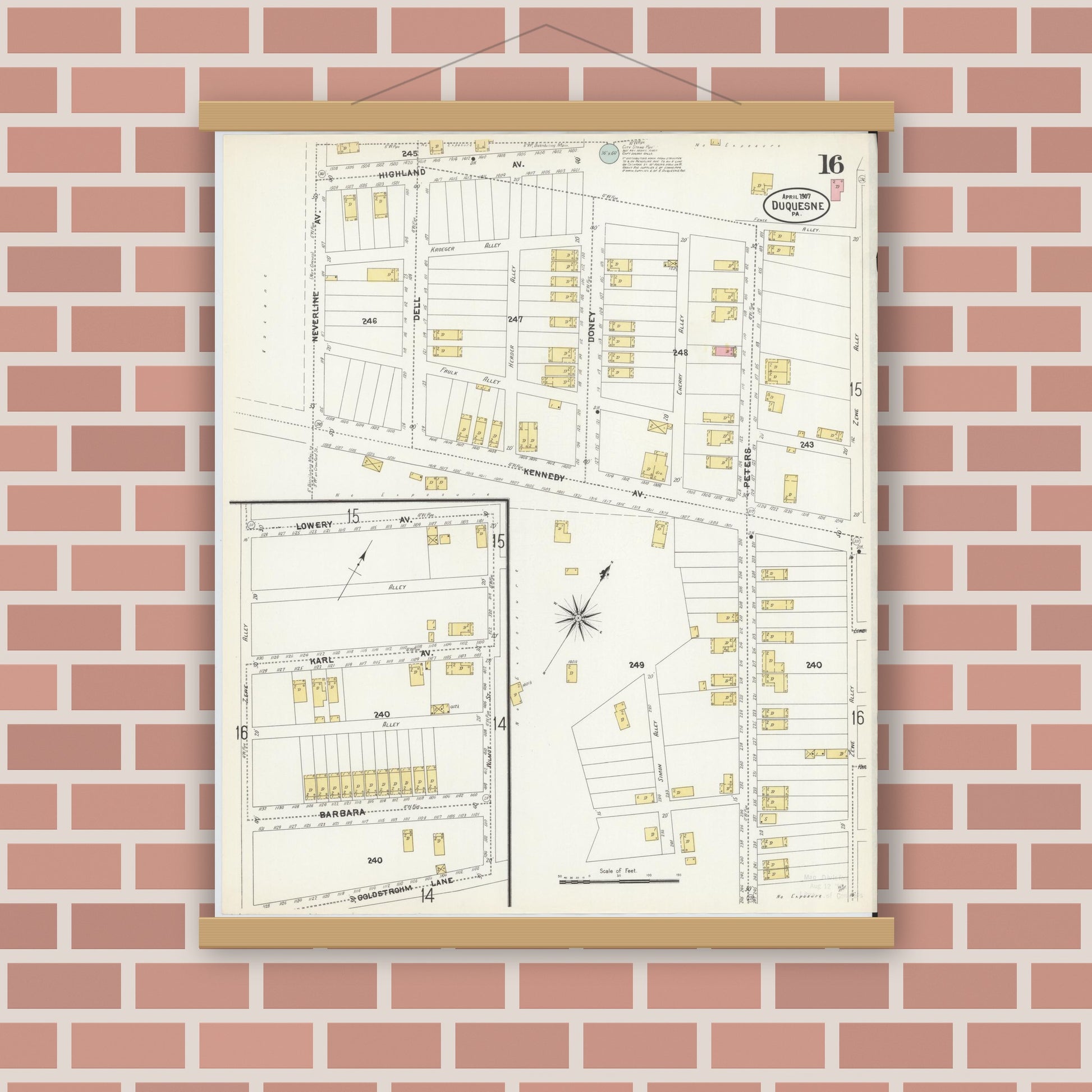 Old map wall art mockup — magnetic wood frame on brick wall — Sanborn Fire Insurance Map from Duquesne, Allegheny County, Pennsylvania (1907), Sheet #0016
