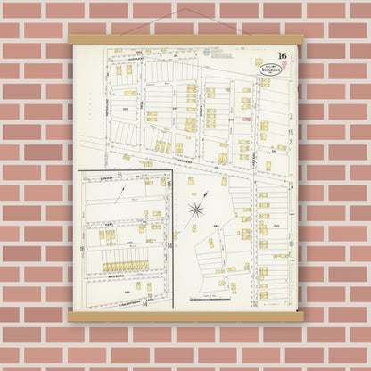 Old map wall art mockup — magnetic wood frame on brick wall — Sanborn Fire Insurance Map from Duquesne, Allegheny County, Pennsylvania (1907), Sheet #0016