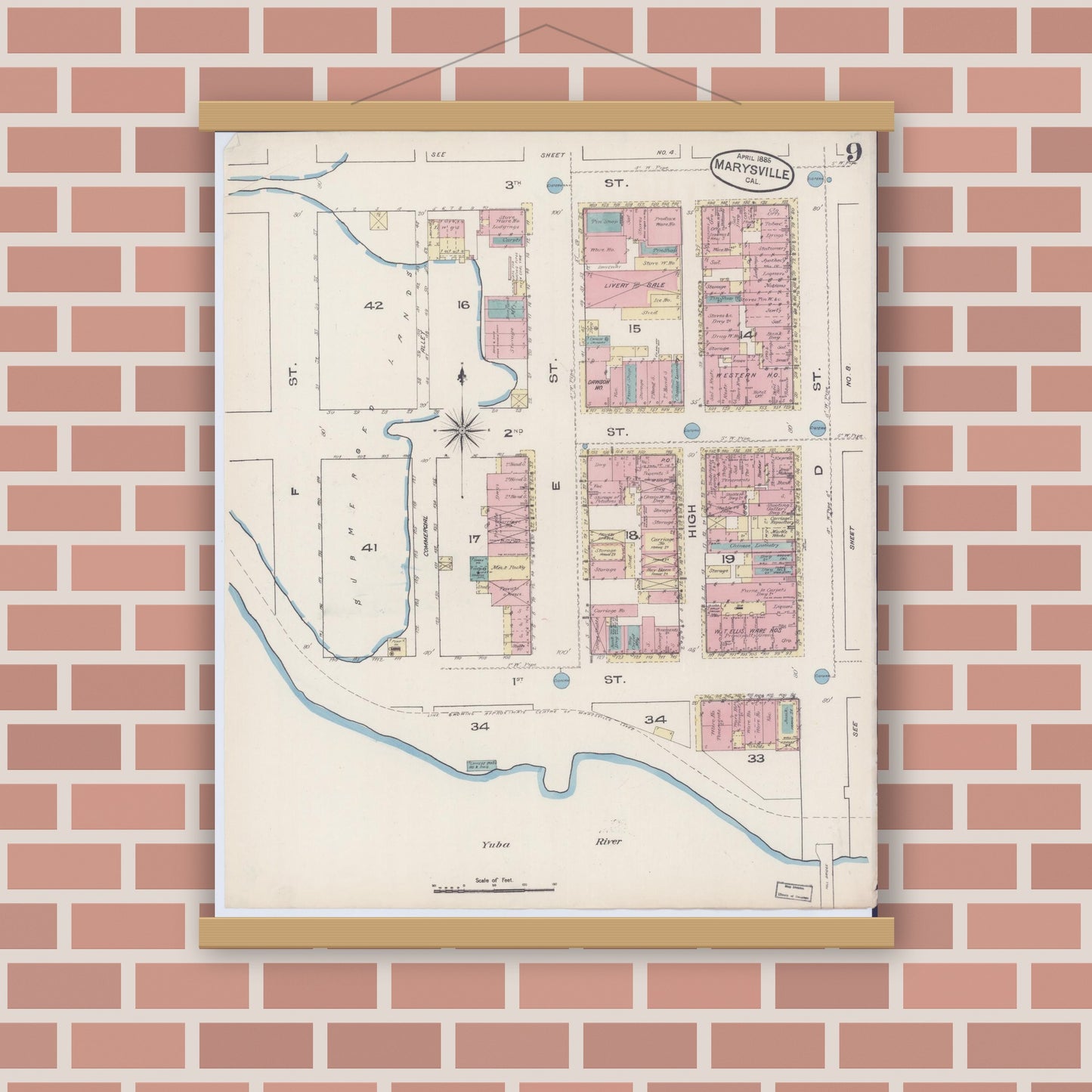 Old map wall art mockup — magnetic wood frame on brick wall — Sanborn Fire Insurance Map from Marysville, Yuba County, California (1885), Sheet #0009