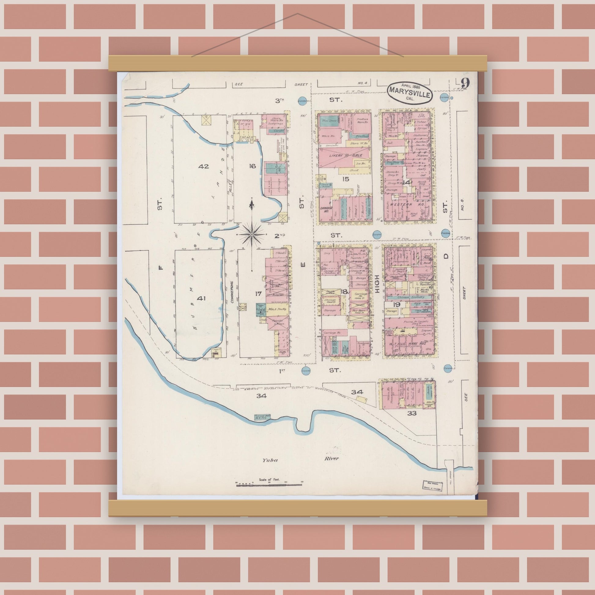 Old map wall art mockup — magnetic wood frame on brick wall — Sanborn Fire Insurance Map from Marysville, Yuba County, California (1885), Sheet #0009