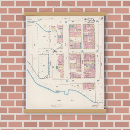 Old map wall art mockup — magnetic wood frame on brick wall — Sanborn Fire Insurance Map from Marysville, Yuba County, California (1885), Sheet #0009