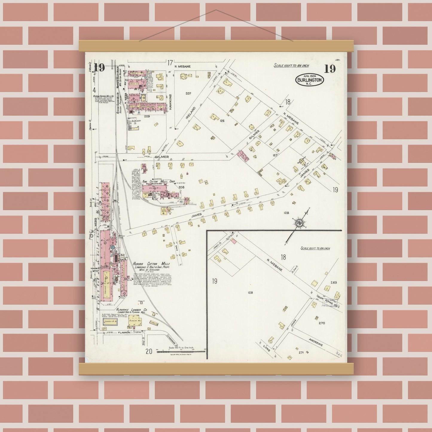 Old map wall art mockup — magnetic wood frame on brick wall — Sanborn Fire Insurance Map from Burlington, Alamance County, North Carolina (1924), Sheet #0019