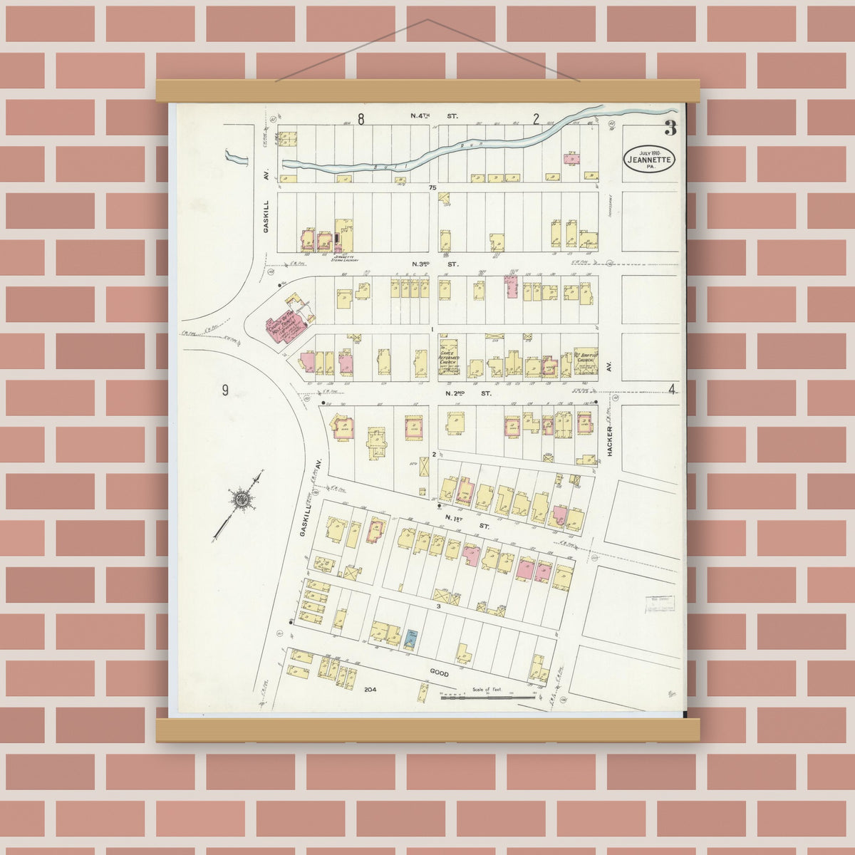 Old map wall art mockup — magnetic wood frame on brick wall — Sanborn Fire Insurance Map from Jeannette, Westmoreland County, Pennsylvania (1910), Sheet #0003
