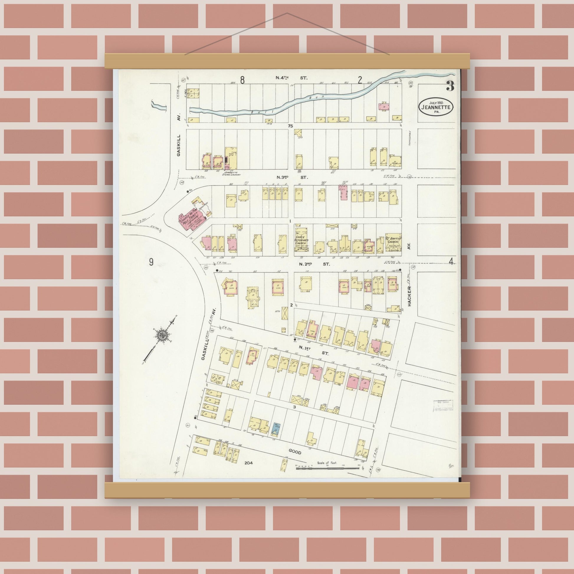 Old map wall art mockup — magnetic wood frame on brick wall — Sanborn Fire Insurance Map from Jeannette, Westmoreland County, Pennsylvania (1910), Sheet #0003