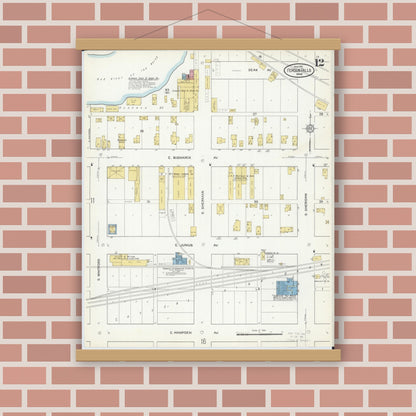Old map wall art mockup — magnetic wood frame on brick wall — Sanborn Fire Insurance Map from Fergus Falls, Otter Tail County, Minnesota (1915), Sheet #0012