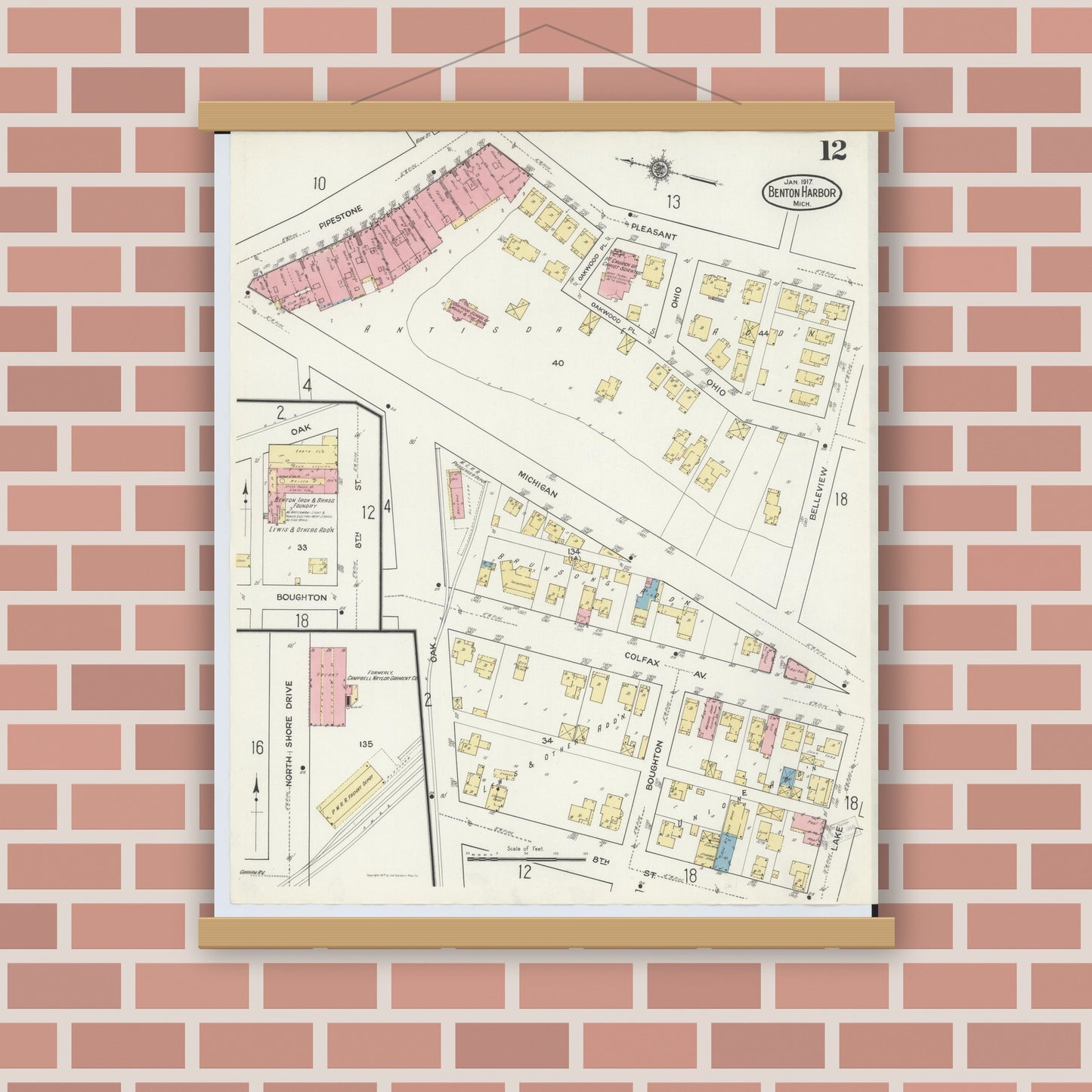 Old map wall art mockup — magnetic wood frame on brick wall — Sanborn Fire Insurance Map from Benton Harbor, Berrien County, Michigan (1917), Sheet #0012