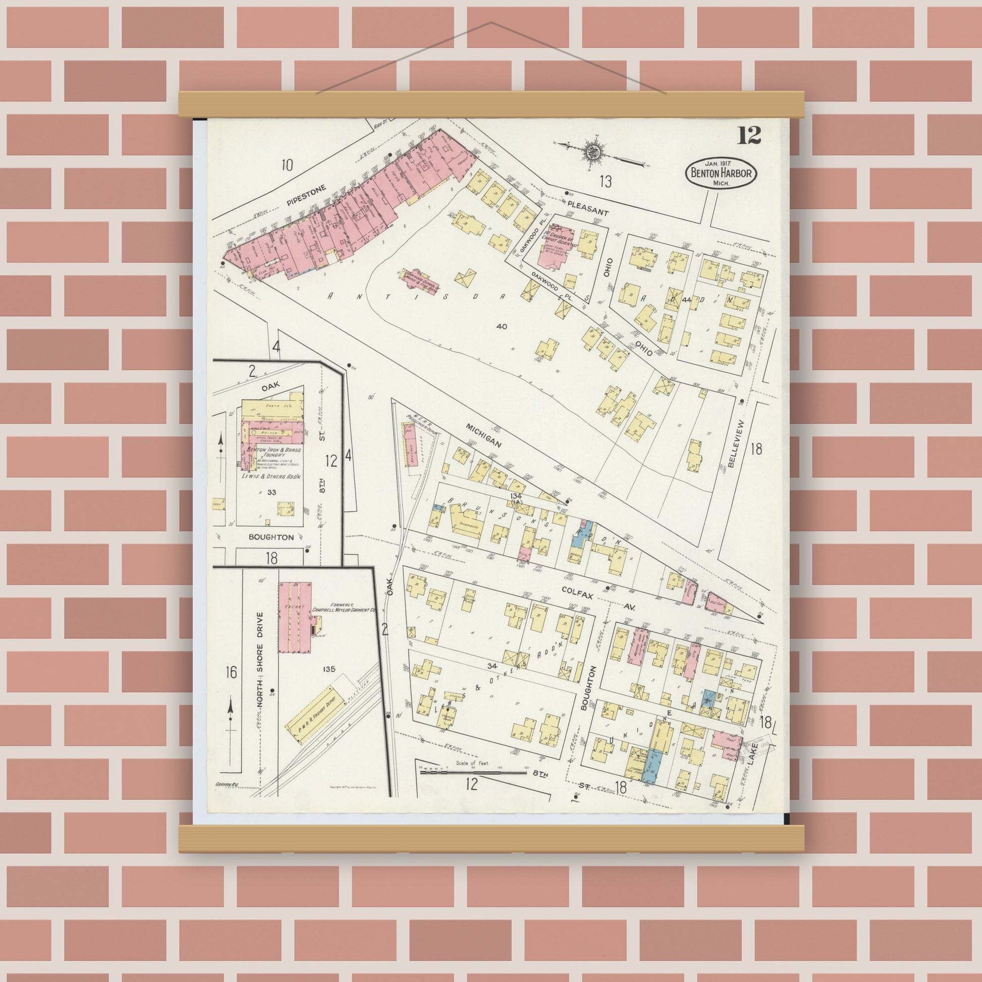 Old map wall art mockup — magnetic wood frame on brick wall — Sanborn Fire Insurance Map from Benton Harbor, Berrien County, Michigan (1917), Sheet #0012