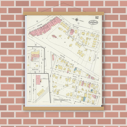 Old map wall art mockup — magnetic wood frame on brick wall — Sanborn Fire Insurance Map from Benton Harbor, Berrien County, Michigan (1917), Sheet #0012