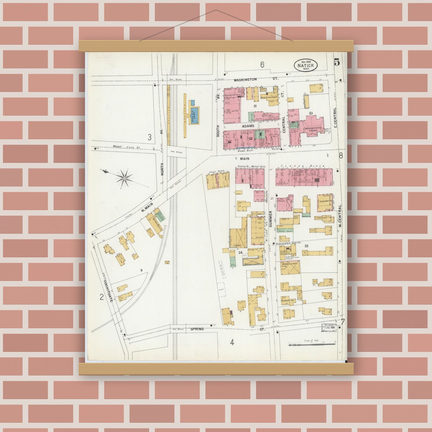 Old map wall art mockup — magnetic wood frame on brick wall — Sanborn Fire Insurance Map from Natick, Middlesex County, Massachusetts (1899), Sheet #0005