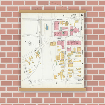 Old map wall art mockup — magnetic wood frame on brick wall — Sanborn Fire Insurance Map from Natick, Middlesex County, Massachusetts (1899), Sheet #0005