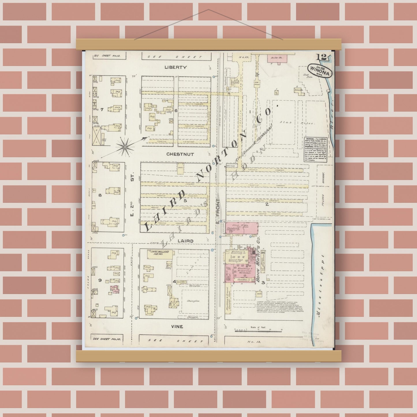 Old map wall art mockup — magnetic wood frame on brick wall — Sanborn Fire Insurance Map from Winona, Winona County, Minnesota (1884), Sheet #0012