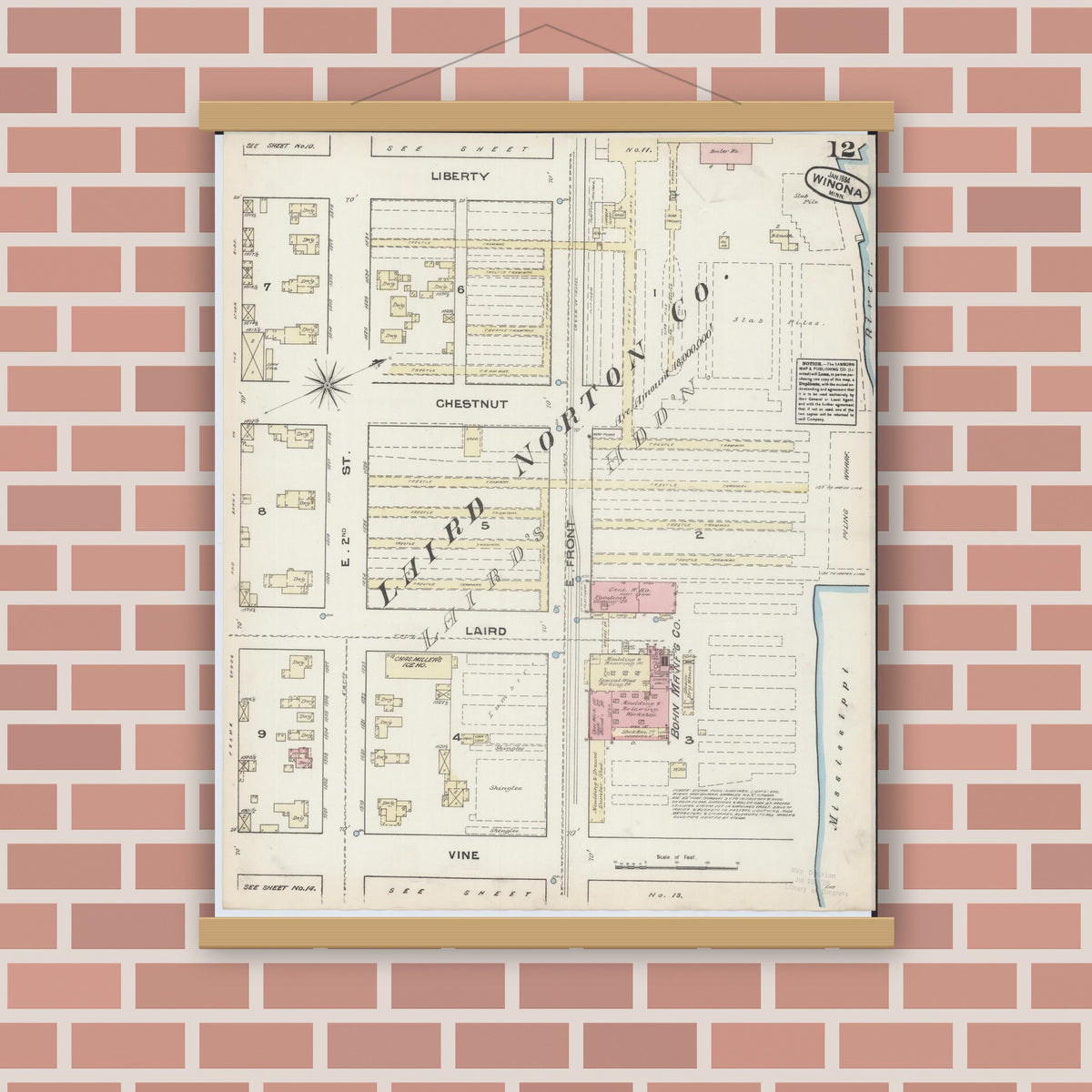 Old map wall art mockup — magnetic wood frame on brick wall — Sanborn Fire Insurance Map from Winona, Winona County, Minnesota (1884), Sheet #0012