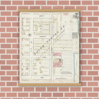 Old map wall art mockup — magnetic wood frame on brick wall — Sanborn Fire Insurance Map from Winona, Winona County, Minnesota (1884), Sheet #0012