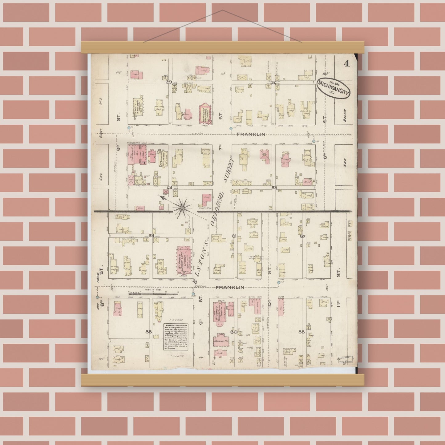Old map wall art mockup — magnetic wood frame on brick wall — Sanborn Fire Insurance Map from Michigan City, La Porte  County, Indiana (1884), Sheet #0004