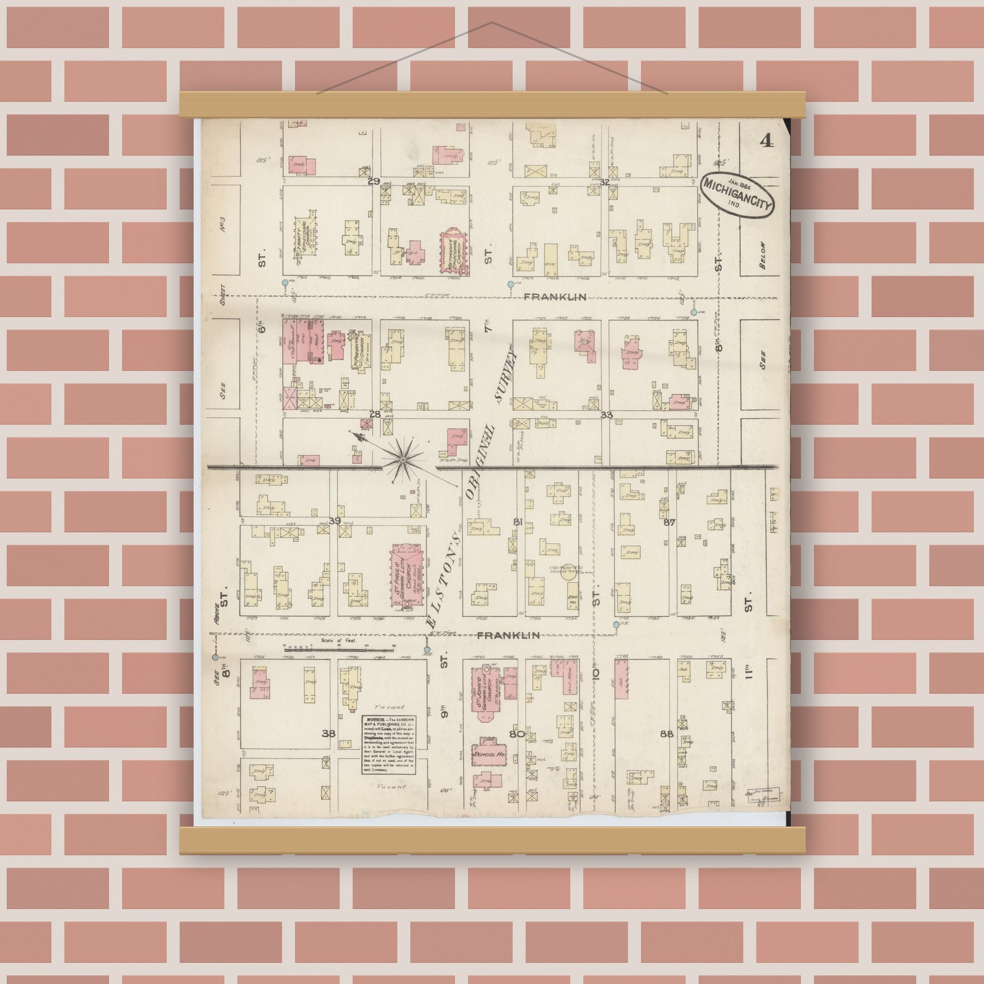 Old map wall art mockup — magnetic wood frame on brick wall — Sanborn Fire Insurance Map from Michigan City, La Porte  County, Indiana (1884), Sheet #0004