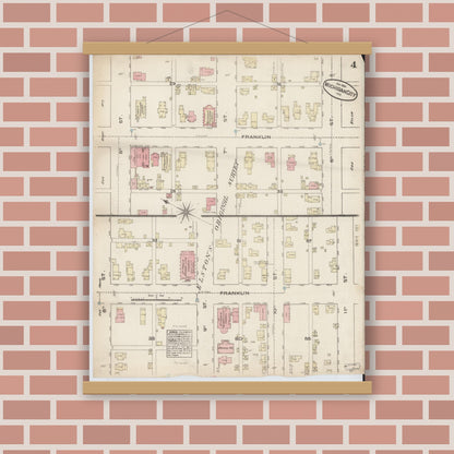 Old map wall art mockup — magnetic wood frame on brick wall — Sanborn Fire Insurance Map from Michigan City, La Porte  County, Indiana (1884), Sheet #0004
