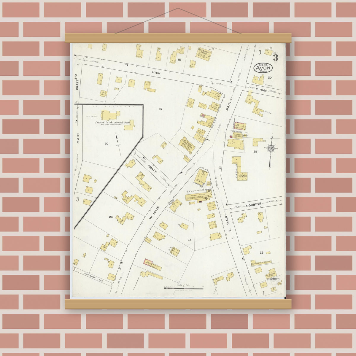 Old map wall art mockup — magnetic wood frame on brick wall — Sanborn Fire Insurance Map from Avon, Norfolk County, Massachusetts (1916), Sheet #0003