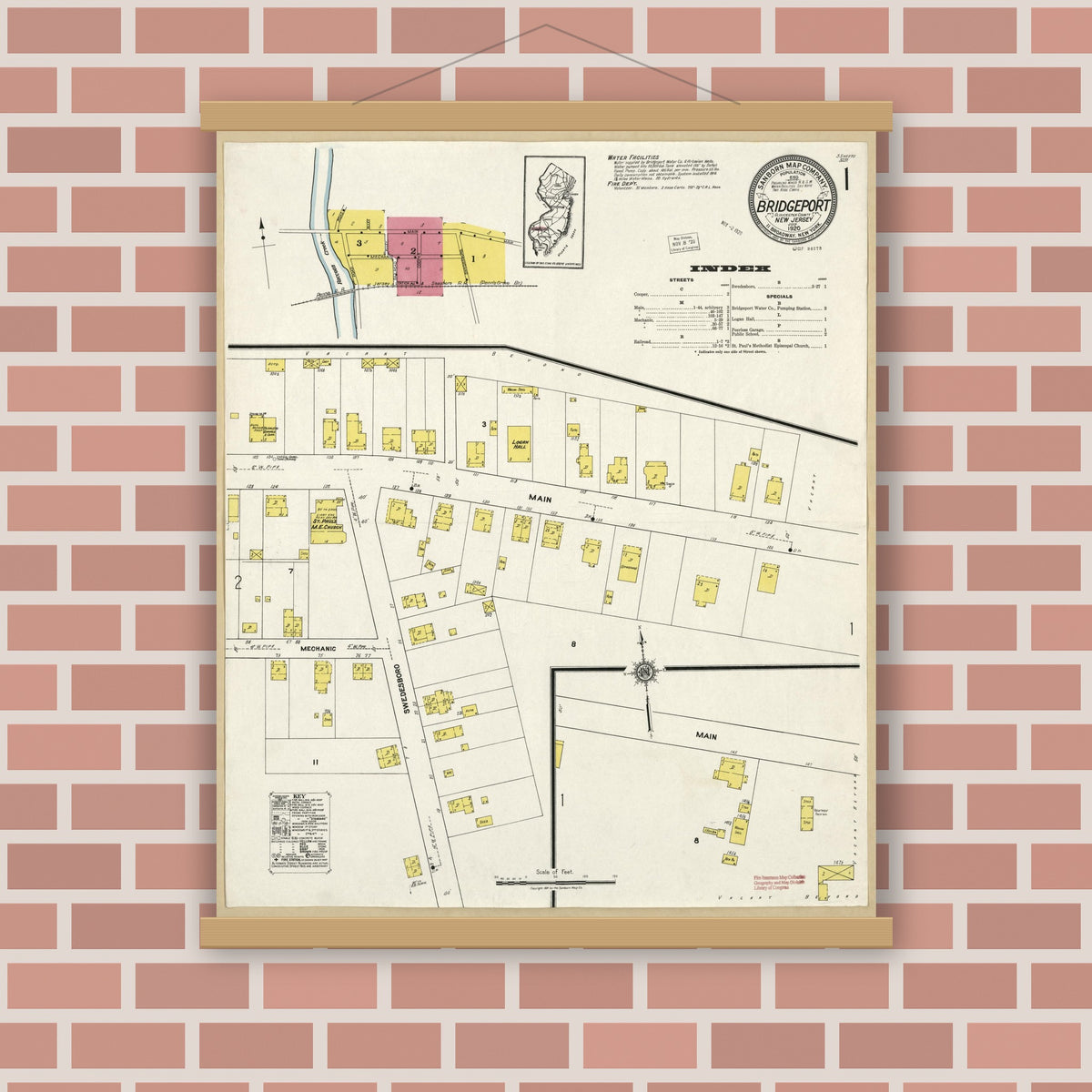 Old map wall art mockup — magnetic wood frame on brick wall — Sanborn Fire Insurance Map from Bridgeport, Gloucester County, New Jersey (1920), Sheet #0001