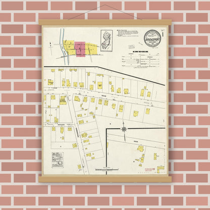 Old map wall art mockup — magnetic wood frame on brick wall — Sanborn Fire Insurance Map from Bridgeport, Gloucester County, New Jersey (1920), Sheet #0001