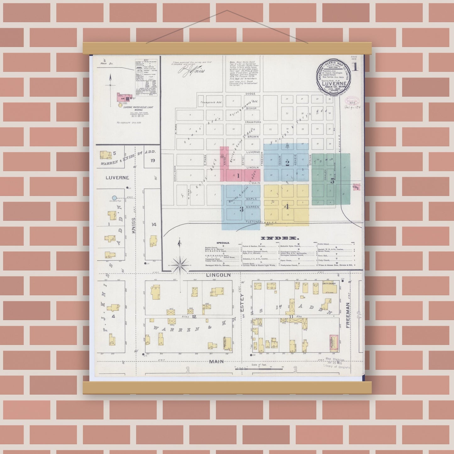Old map wall art mockup — magnetic wood frame on brick wall — Sanborn Fire Insurance Map from Luverne, Rock County, Minnesota (1894), Sheet #0001