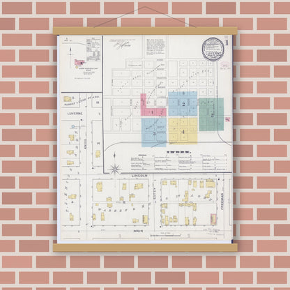 Old map wall art mockup — magnetic wood frame on brick wall — Sanborn Fire Insurance Map from Luverne, Rock County, Minnesota (1894), Sheet #0001