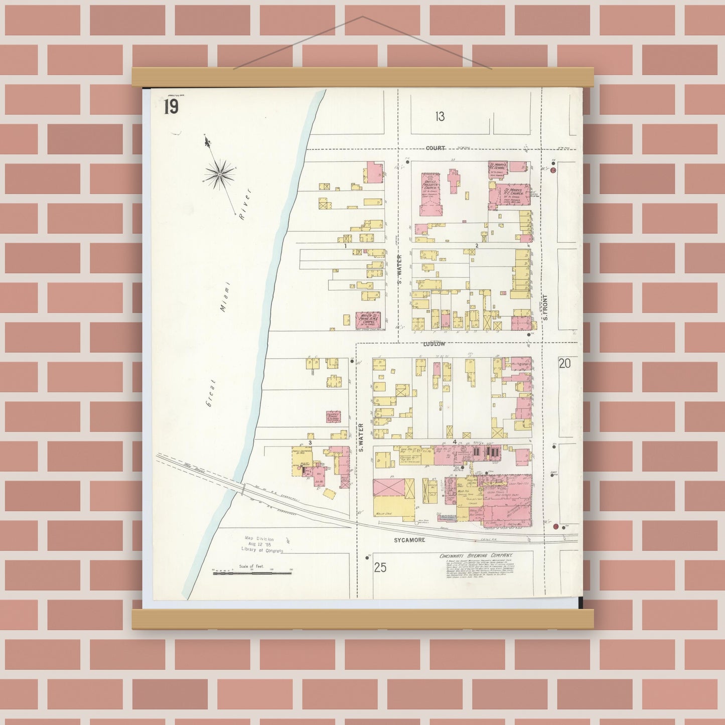 Old map wall art mockup — magnetic wood frame on brick wall — Sanborn Fire Insurance Map from Hamilton, Butler County, Ohio (1899), Sheet #0019