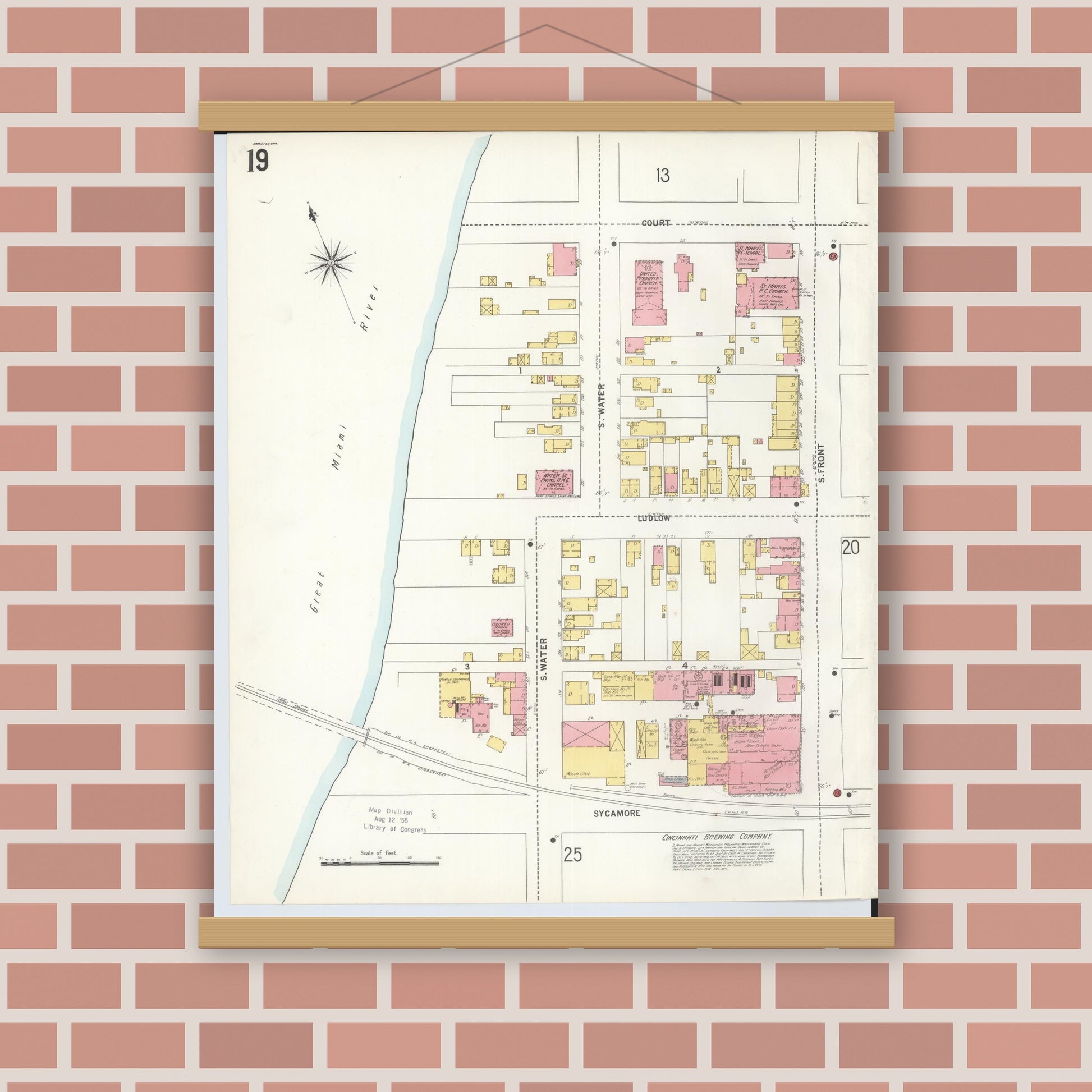 Old map wall art mockup — magnetic wood frame on brick wall — Sanborn Fire Insurance Map from Hamilton, Butler County, Ohio (1899), Sheet #0019
