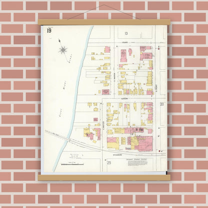 Old map wall art mockup — magnetic wood frame on brick wall — Sanborn Fire Insurance Map from Hamilton, Butler County, Ohio (1899), Sheet #0019