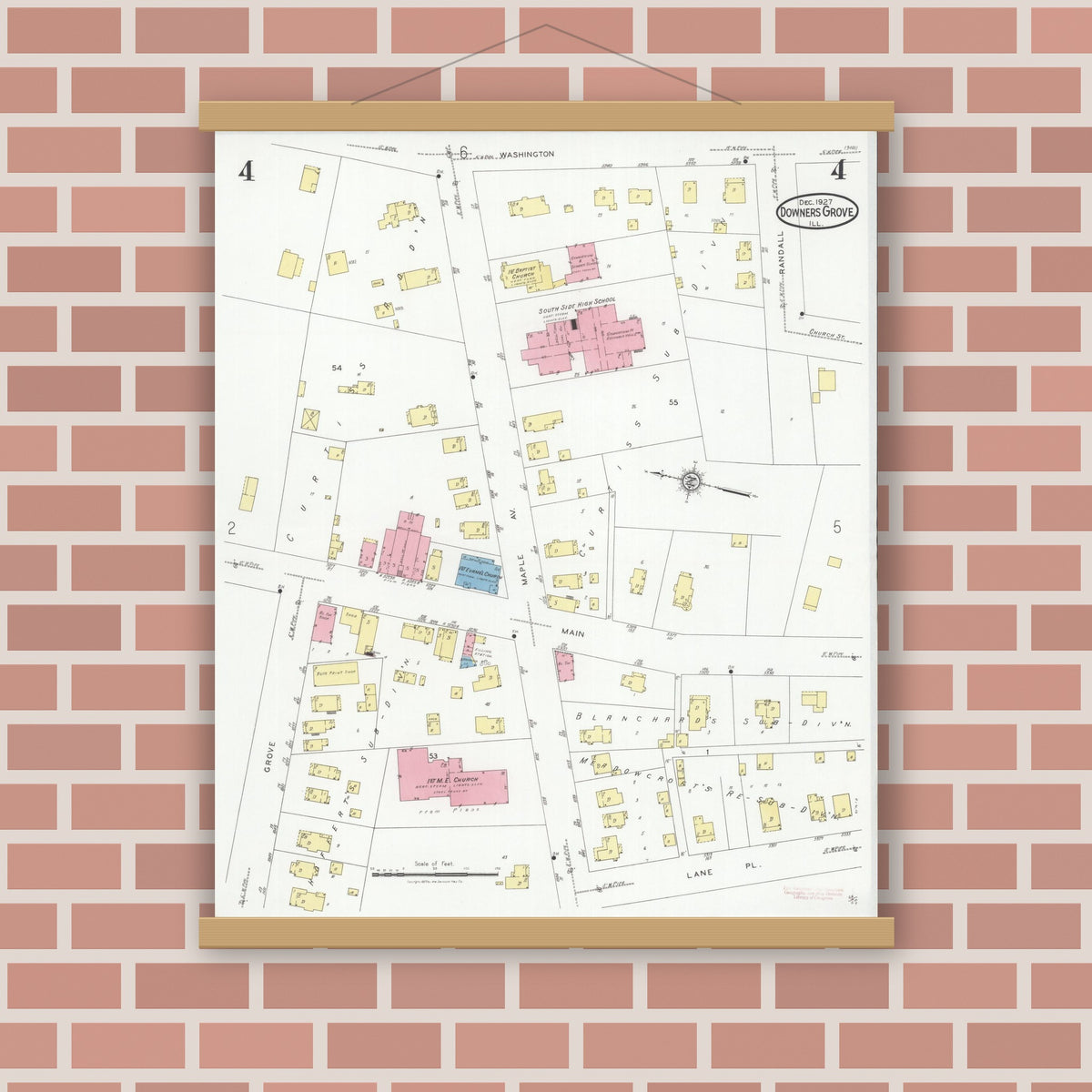 Old map wall art mockup — magnetic wood frame on brick wall — Sanborn Fire Insurance Map from Downers Grove, Dupage County, Illinois (1927), Sheet #0004